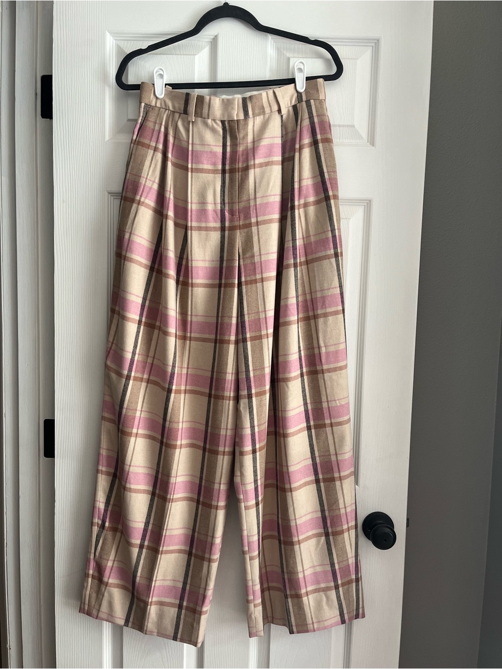 NWT COS High Rise Wide Leg Wool Blend Adjustable Waist Pink Plaid Trousers Sz 8